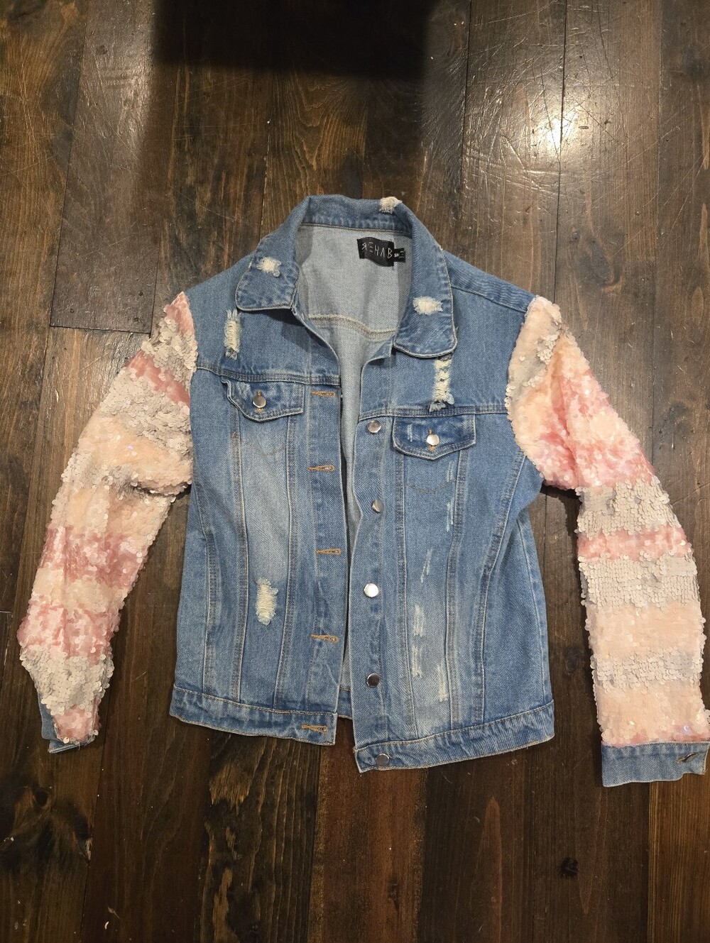 REHAB NWOT Pristine Distressed Denim Jacket Pink Sequin Sleeves S/M